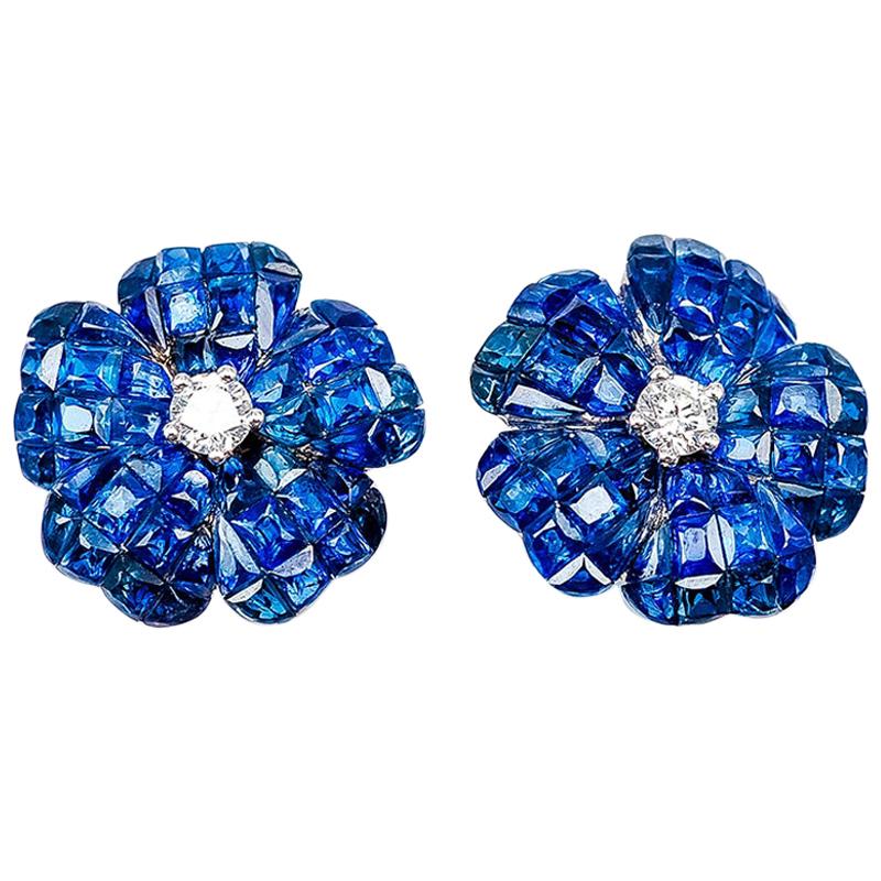 18 Karat White Gold Invisible Sapphire Flower Stud Earrings