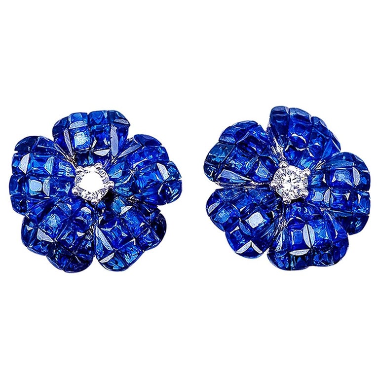 18 Karat White Gold Invisible Sapphire Flower Stud Earrings For Sale