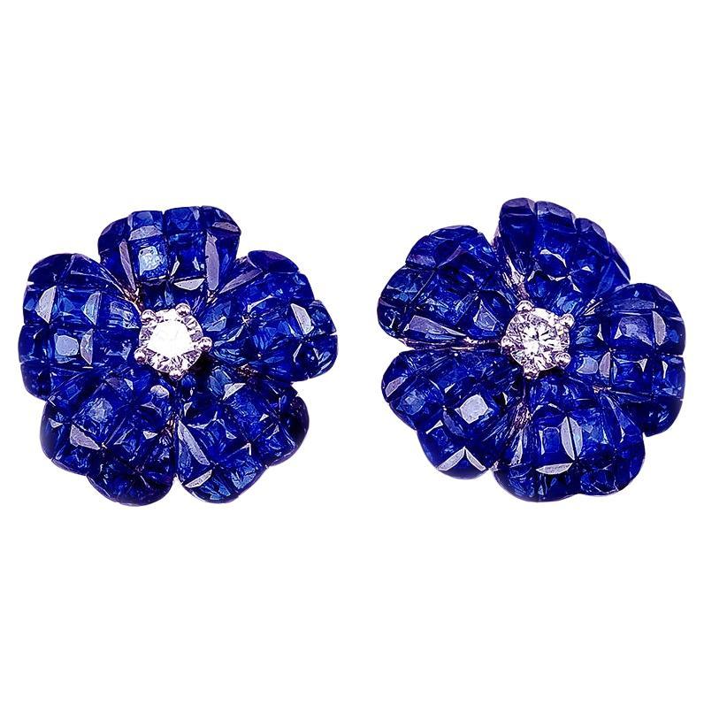 18 Karat White Gold Invisible Sapphire Flower Stud Earrings