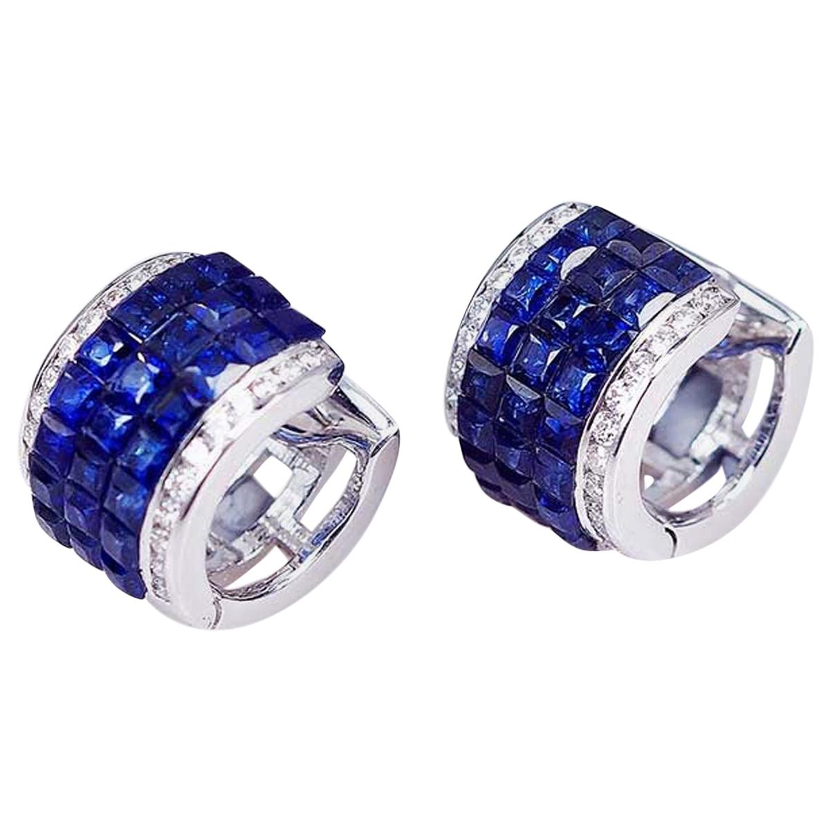 18 Karat White Gold Invisible Sapphire Hoop Earrings 'S' For Sale