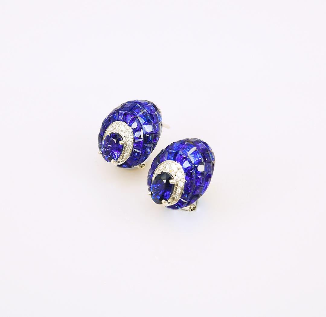 Modern 18 Carat White Gold Invisible Sapphire Stud Earrings For Sale
