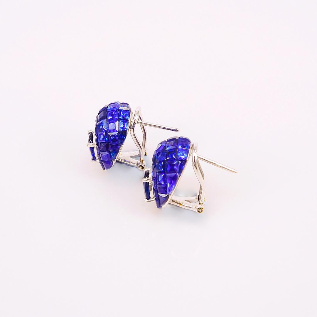 Square Cut 18 Carat White Gold Invisible Sapphire Stud Earrings For Sale