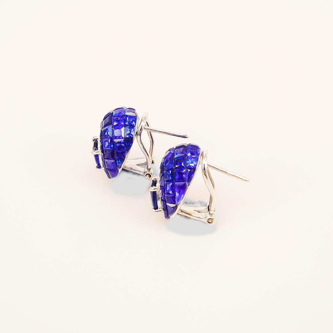 Oval Cut 18 Karat White Gold Invisible Sapphire Stud Earrings