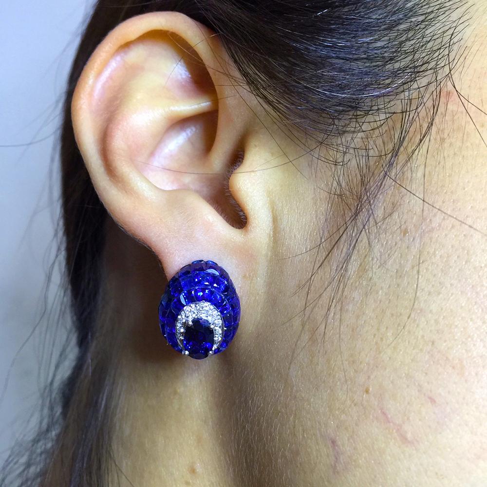 Women's 18 Carat White Gold Invisible Sapphire Stud Earrings For Sale