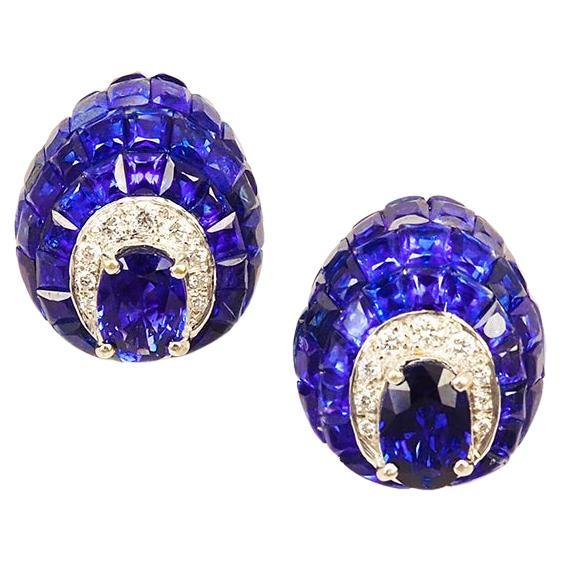 18 Karat White Gold Invisible Sapphire Stud Earrings For Sale