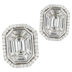 18 Karat White Gold Invisible Set Mosaic Diamond Stud Earrings