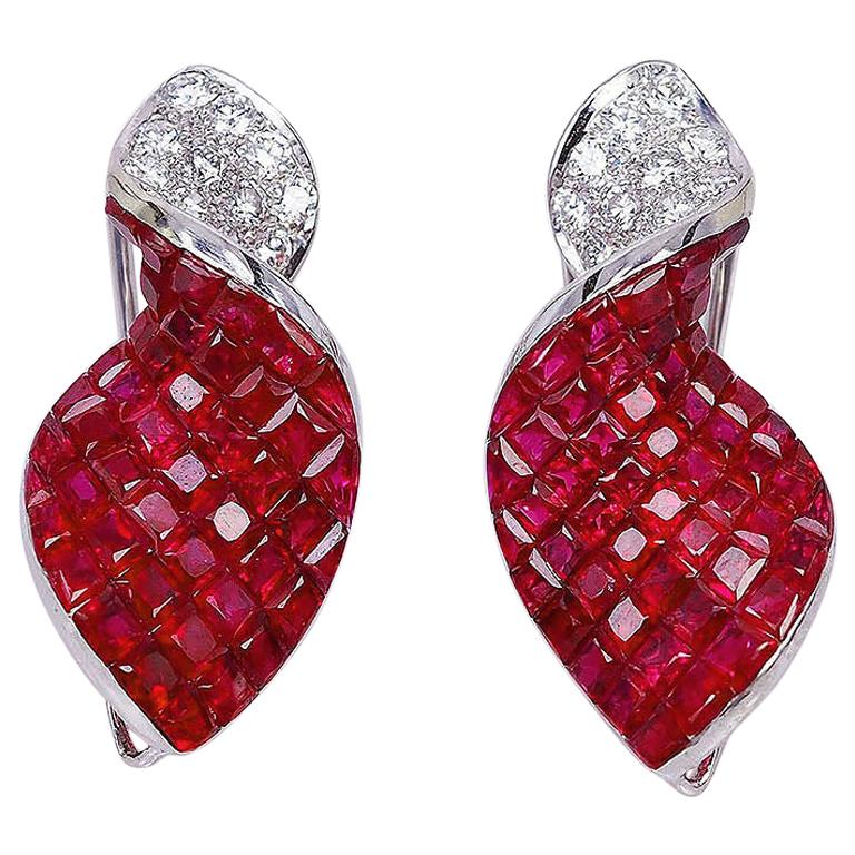 18 Carat White Gold Invisible Spiral Ruby Earrings