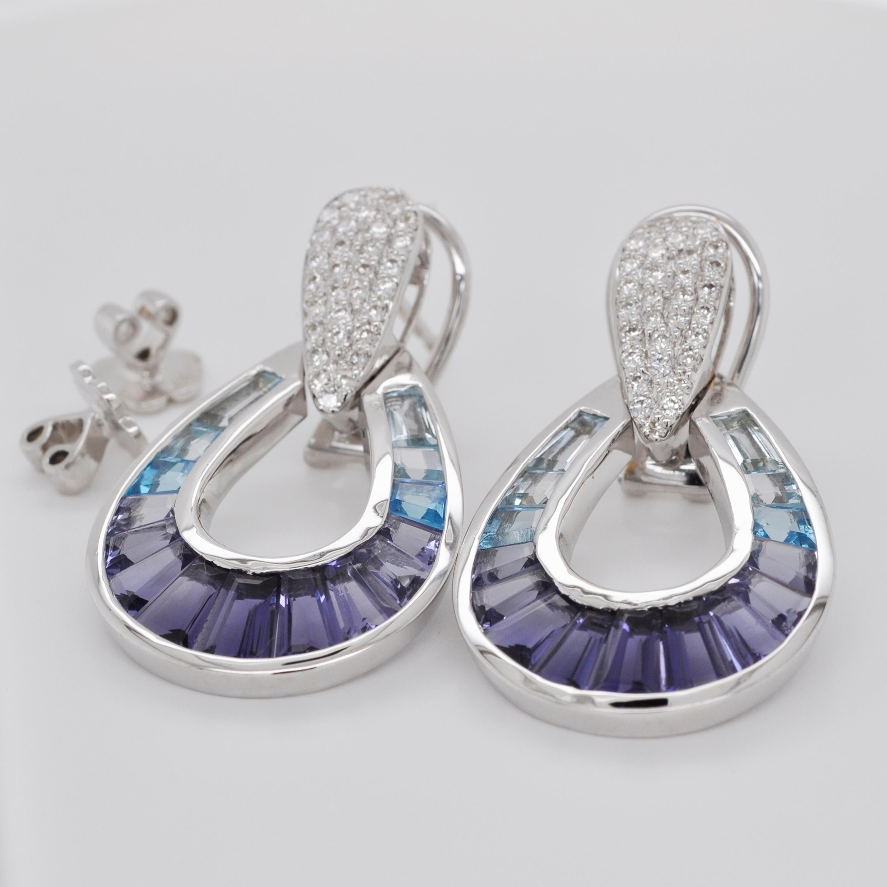 18 Karat White Gold Iolite Blue Topaz Aquamarine Pendant Necklace Earrings Set 7