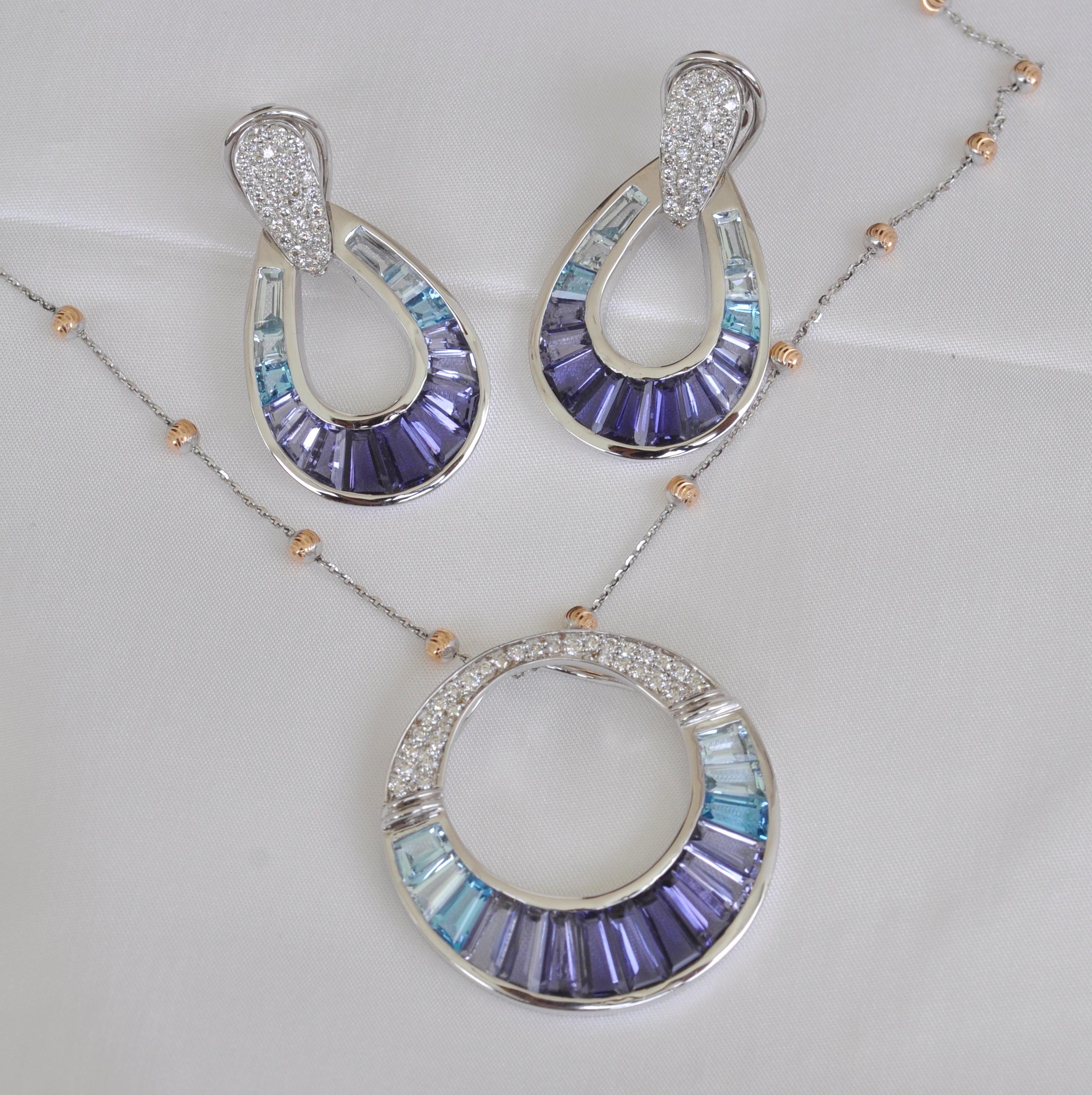 Tapered Baguette 18 Karat White Gold Iolite Blue Topaz Aquamarine Pendant Necklace Earrings Set
