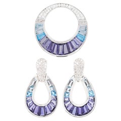 18 Karat White Gold Iolite Blue Topaz Aquamarine Pendant Necklace Earrings Set