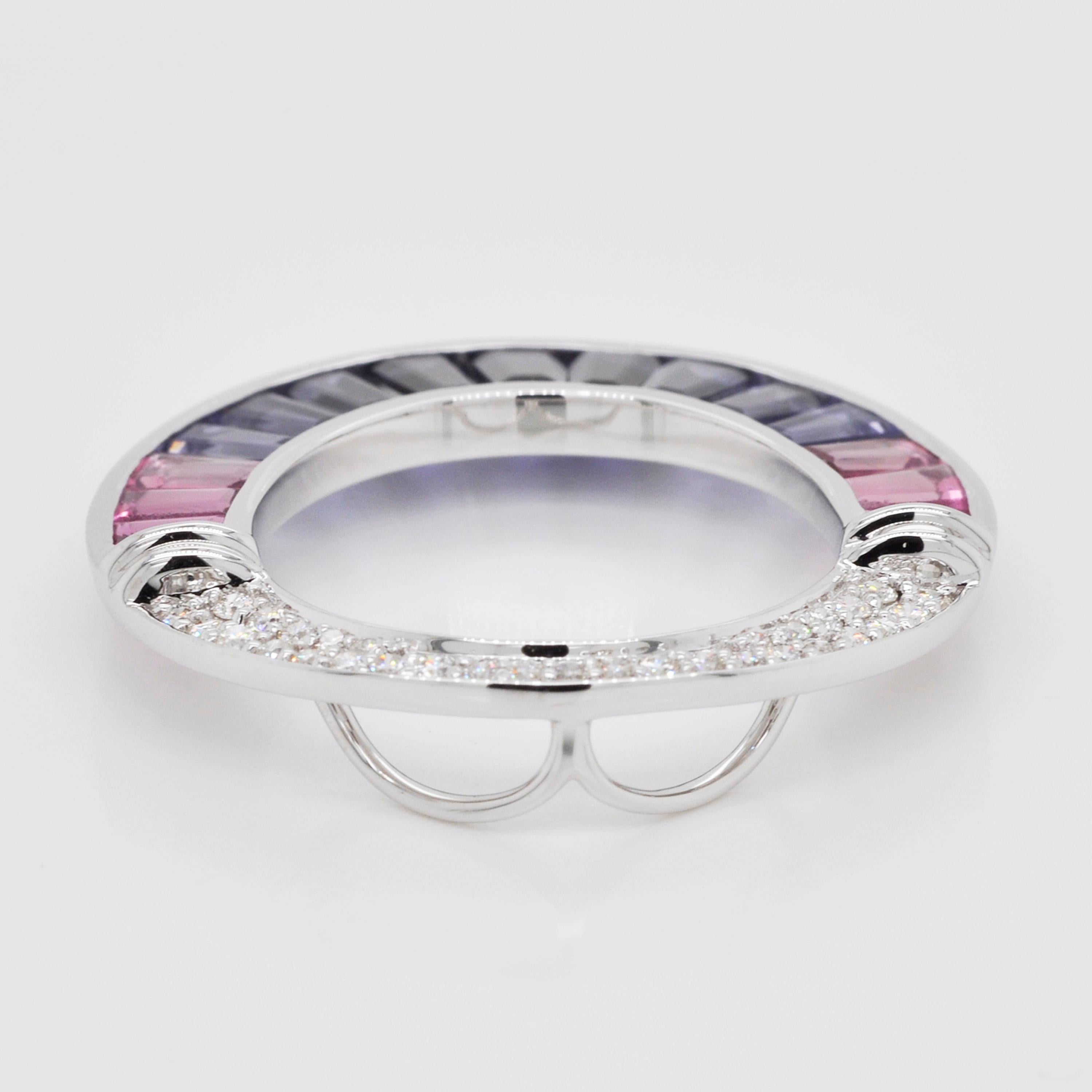 18K White Gold Iolite Pink Tourmaline Baguette Diamond Pendant Necklace Brooch For Sale 5
