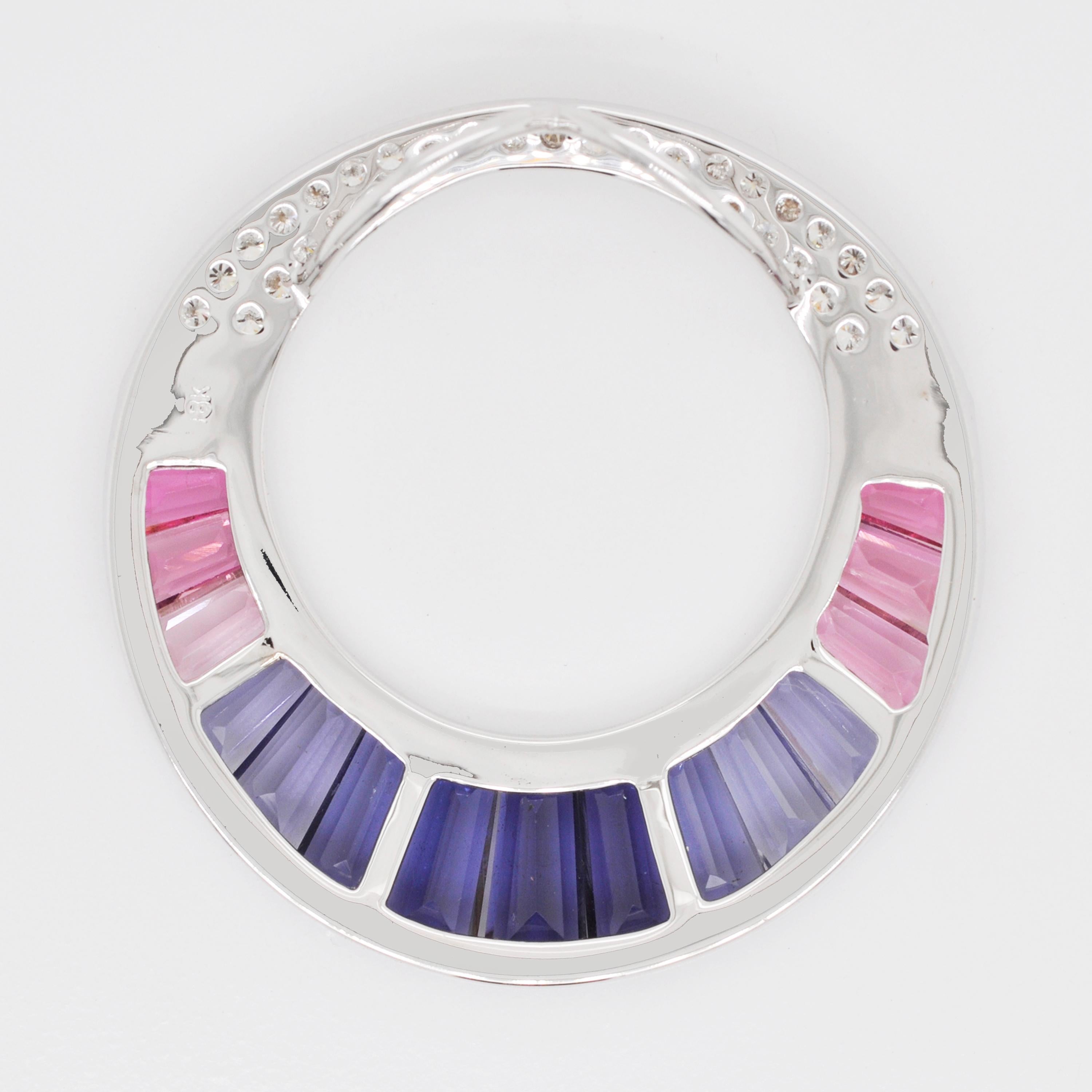 18K White Gold Iolite Pink Tourmaline Baguette Diamond Pendant Necklace Brooch For Sale 3