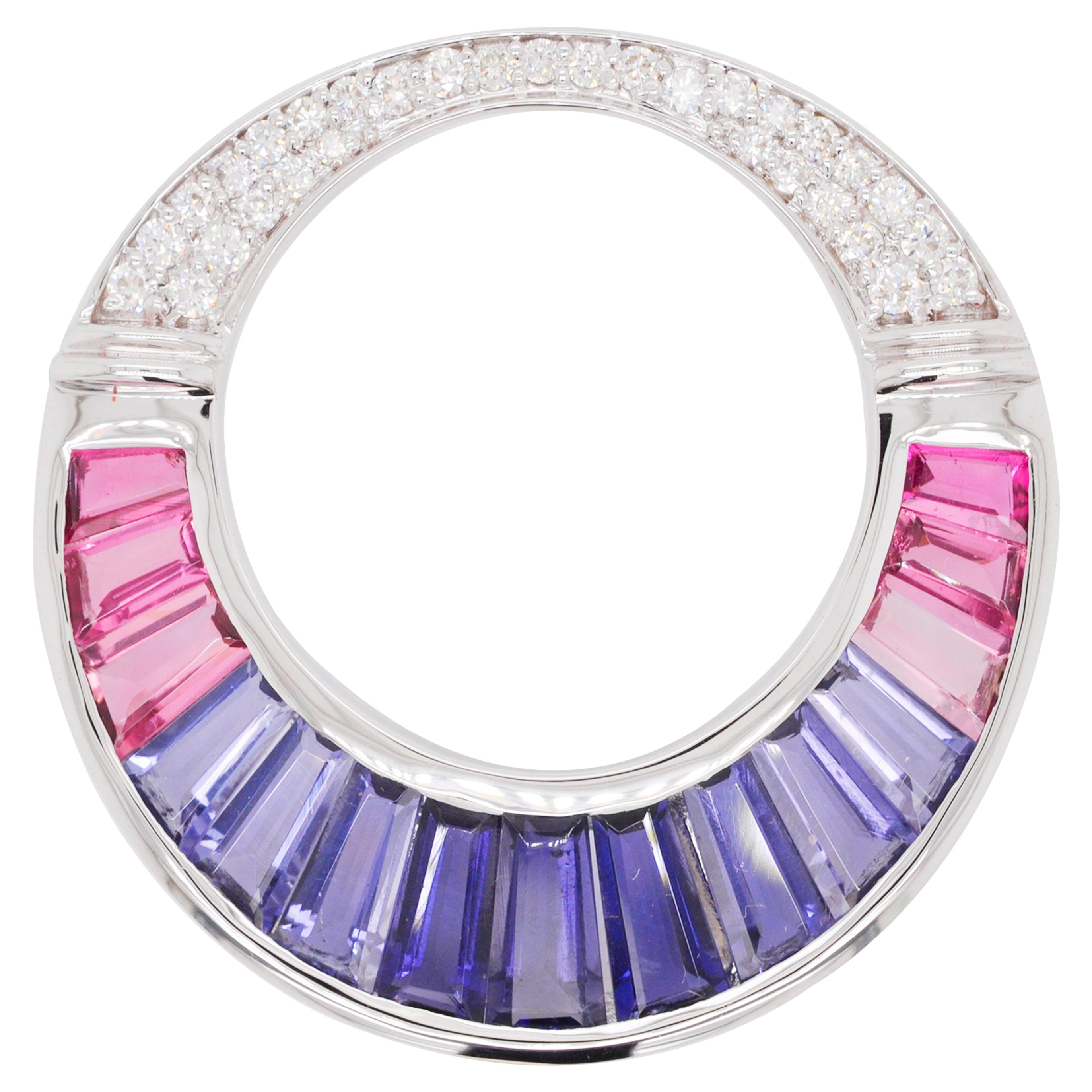 18K White Gold Iolite Pink Tourmaline Baguette Diamond Pendant Necklace Brooch