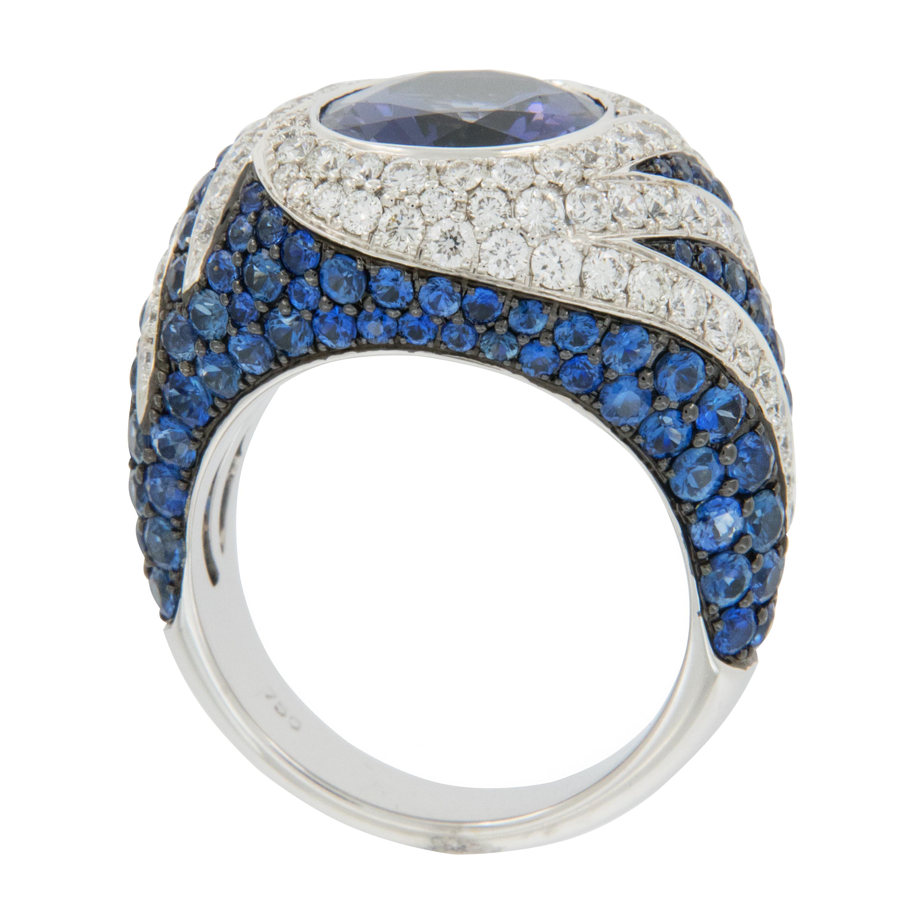 Oval Cut 18 Karat White Gold Iolite Sapphire and Diamond Cocktail Ring For Sale