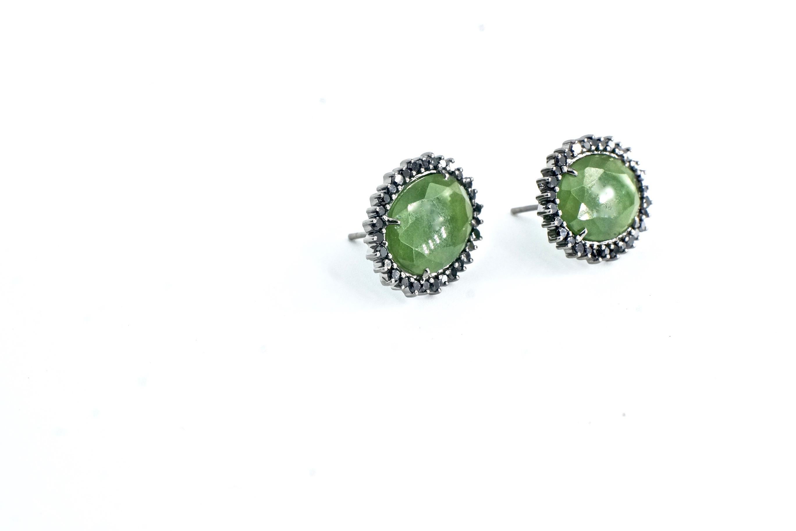 Sharon Khazzam 18 Karat White Gold Jade and Black Diamond Martha Stud Earrings In New Condition For Sale In Great Neck, NY