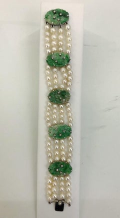 Vintage Italian 18K White Gold Jade and Diamond Bracelet, Circa 1950s