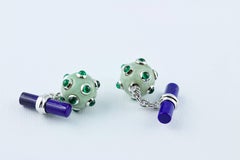 18 Karat White Gold Jade Emeralds Lapis Lazuli Submarine Mine Cufflinks