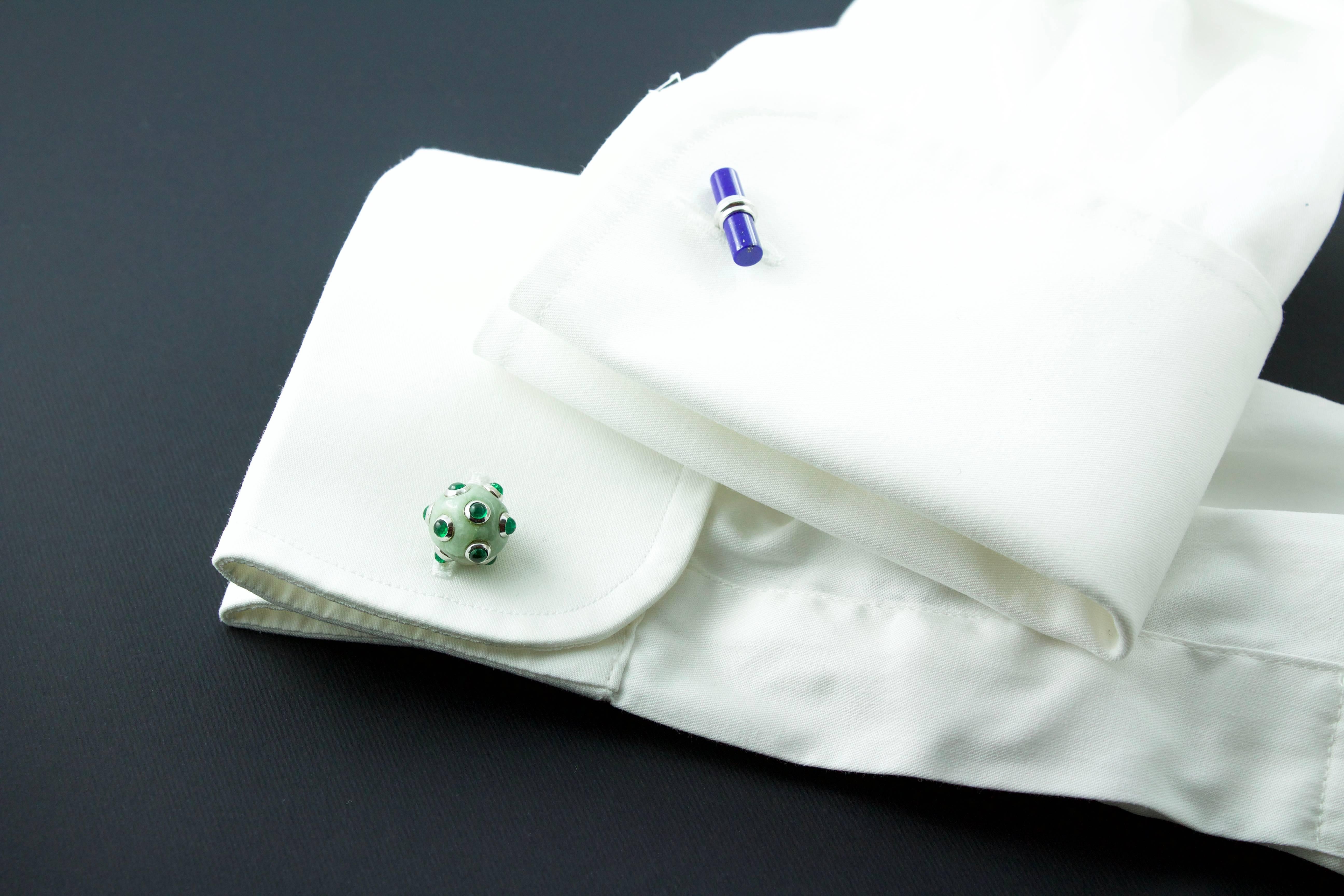 18 Karat White Gold Jade Emeralds Lapis Lazuli Submarine Mine Cufflinks In New Condition For Sale In Milano, IT