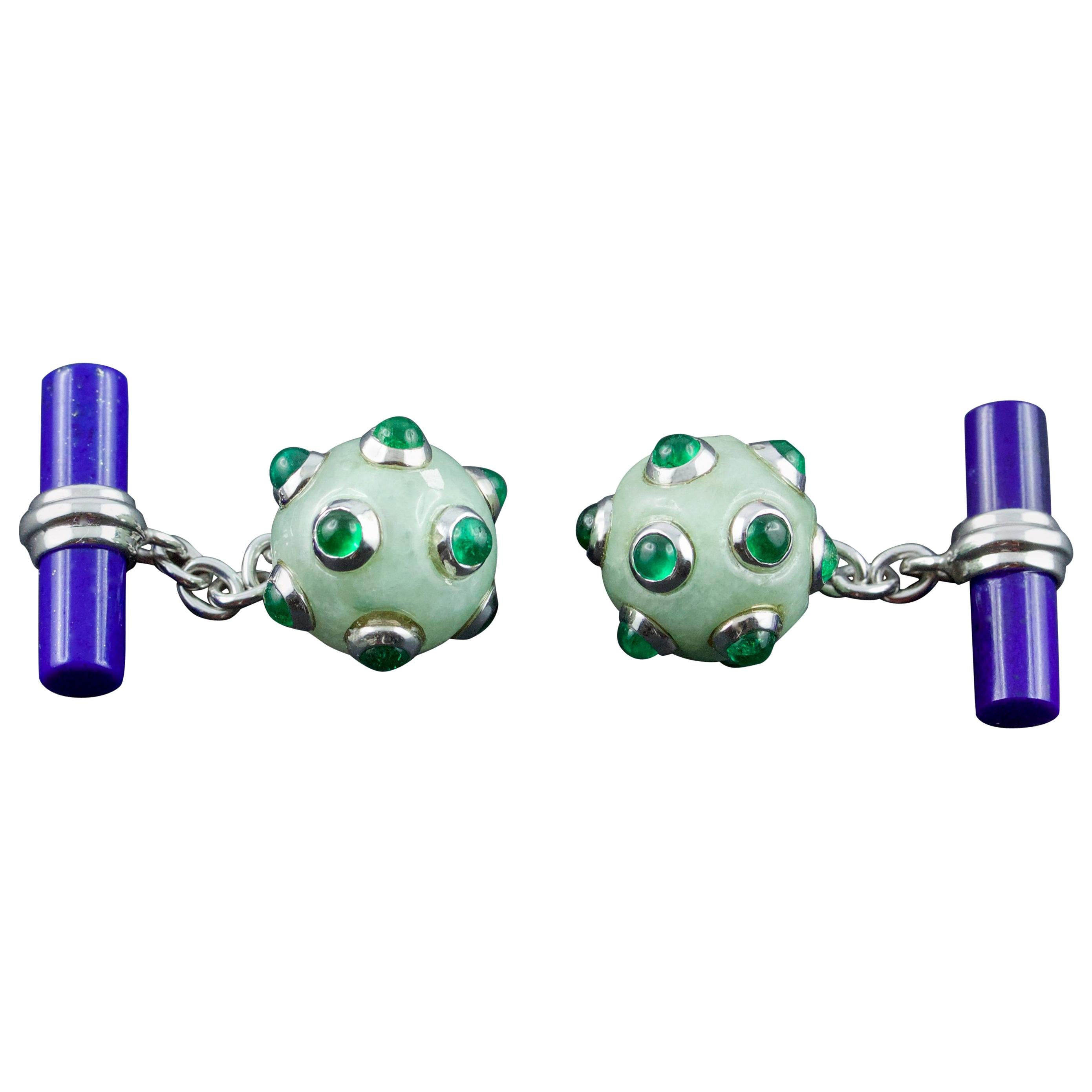 18 Karat White Gold Jade Emeralds Lapis Lazuli Submarine Mine Cufflinks For Sale