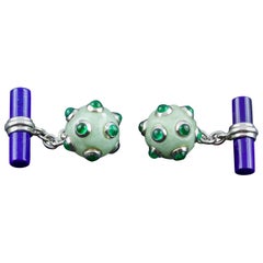 18 Karat White Gold Jade Emeralds Lapis Lazuli Submarine Mine Cufflinks