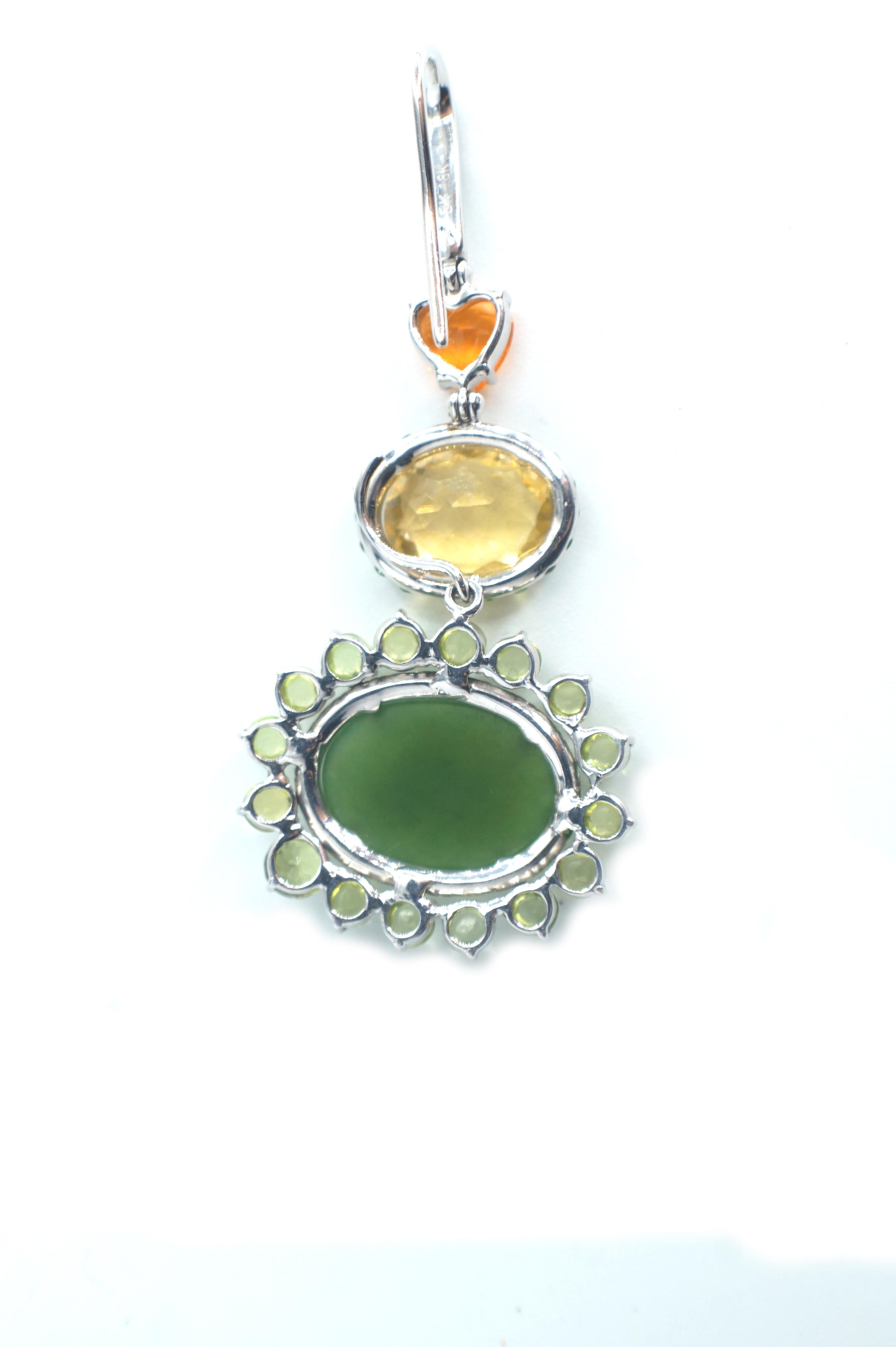 Sharon Khazzam 18K White Gold Jade, Fire Opal, Yellow Beryl and Peridot Eardrops In New Condition In Great Neck, NY