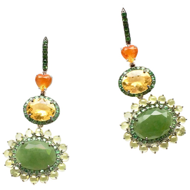 White gold, jade, fire opal, yellow beryl and peridot eardrops