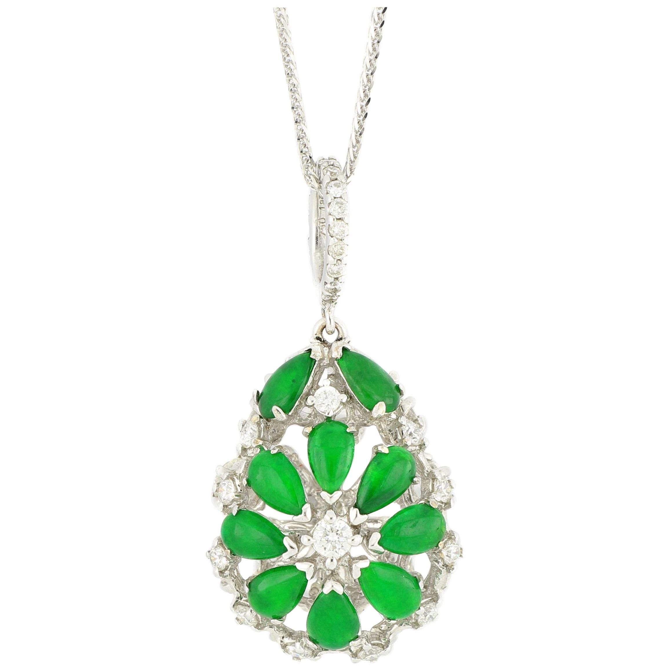 18 Karat White Gold Jadeite and Diamond 2-Sided Pendant with Necklace For Sale