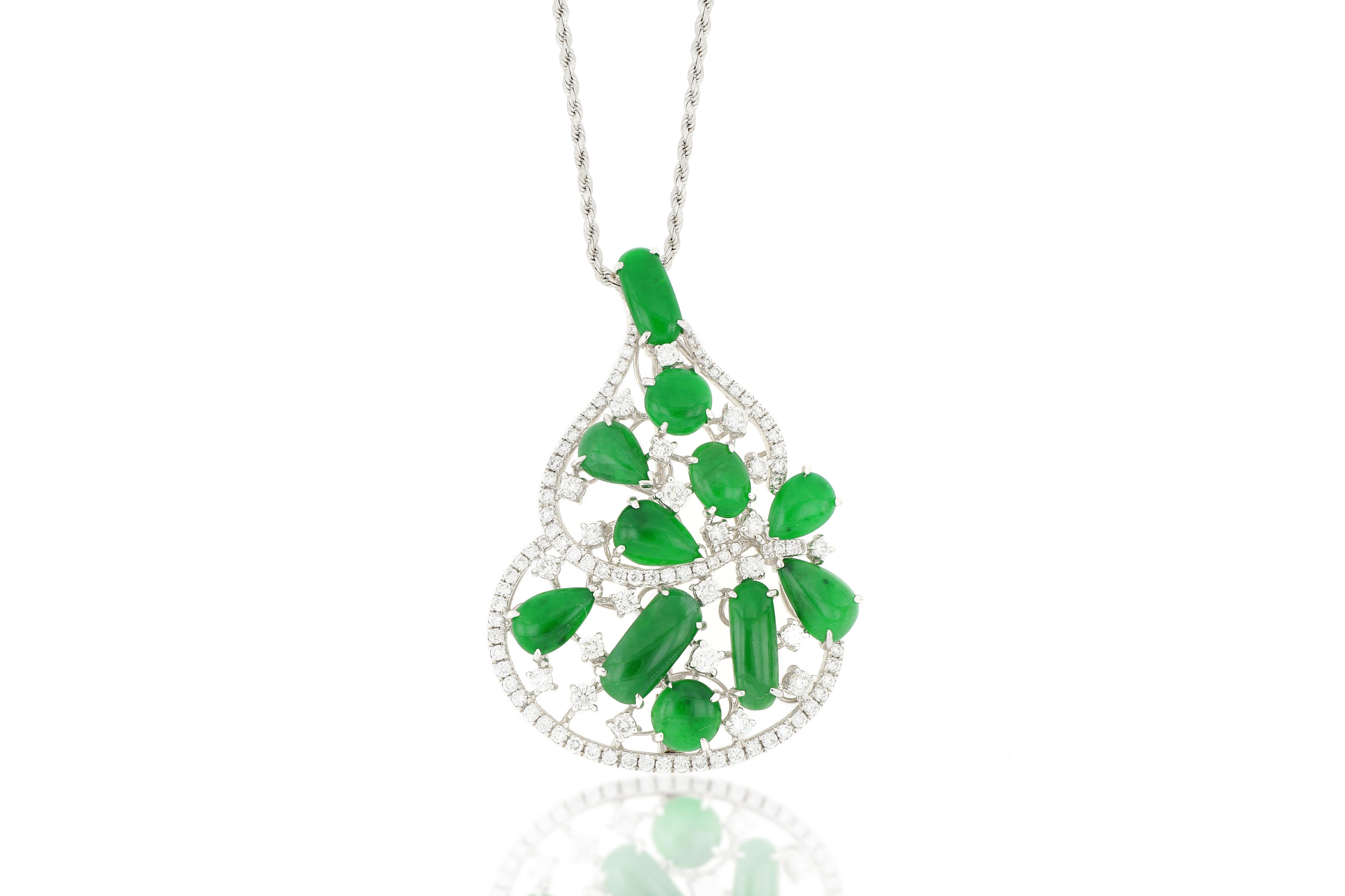 Contemporary 18 Karat White Gold Jadeite and Diamond Brooch and Pendant with Necklace For Sale