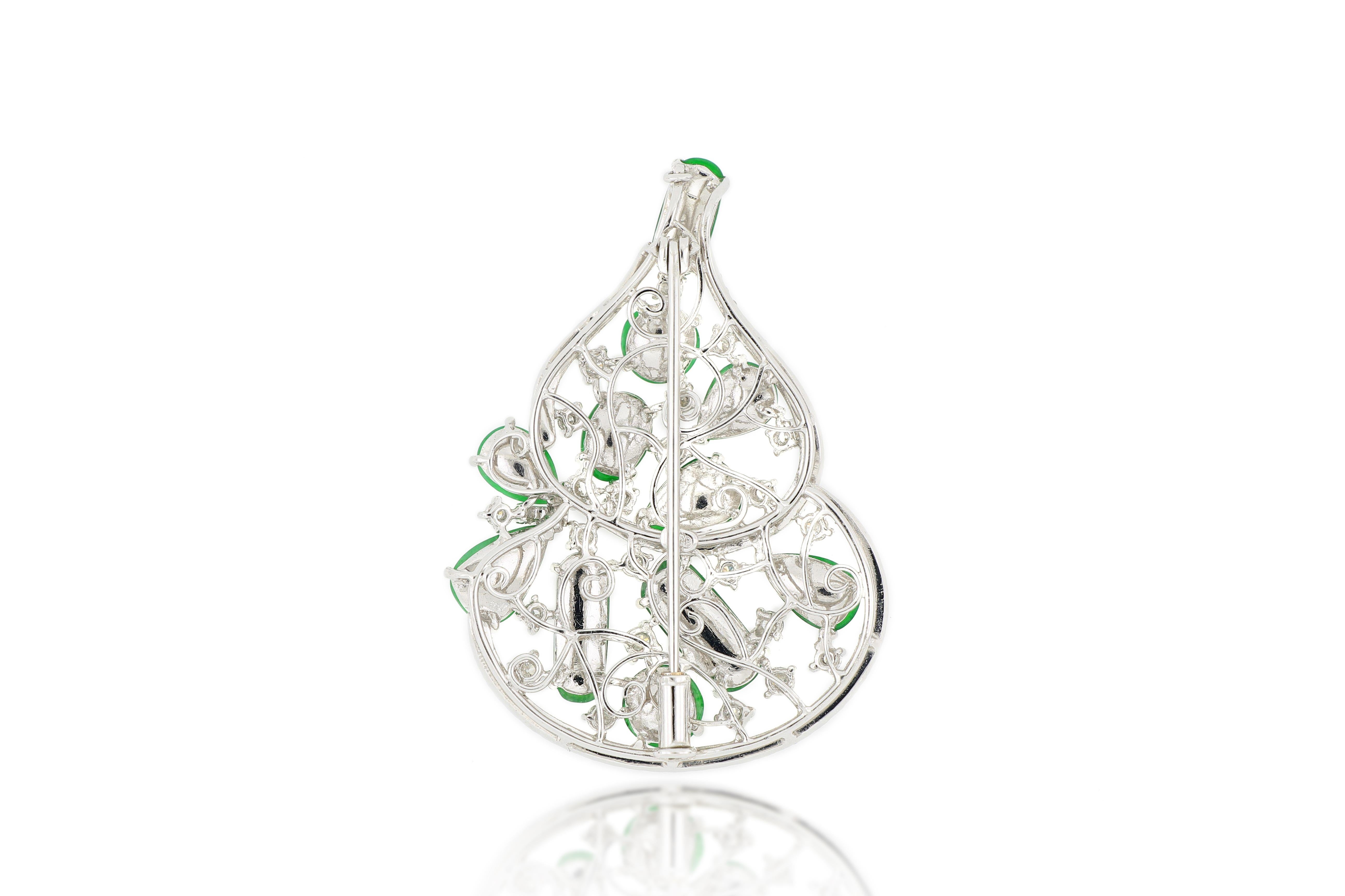 Oval Cut 18 Karat White Gold Jadeite and Diamond Brooch and Pendant with Necklace For Sale