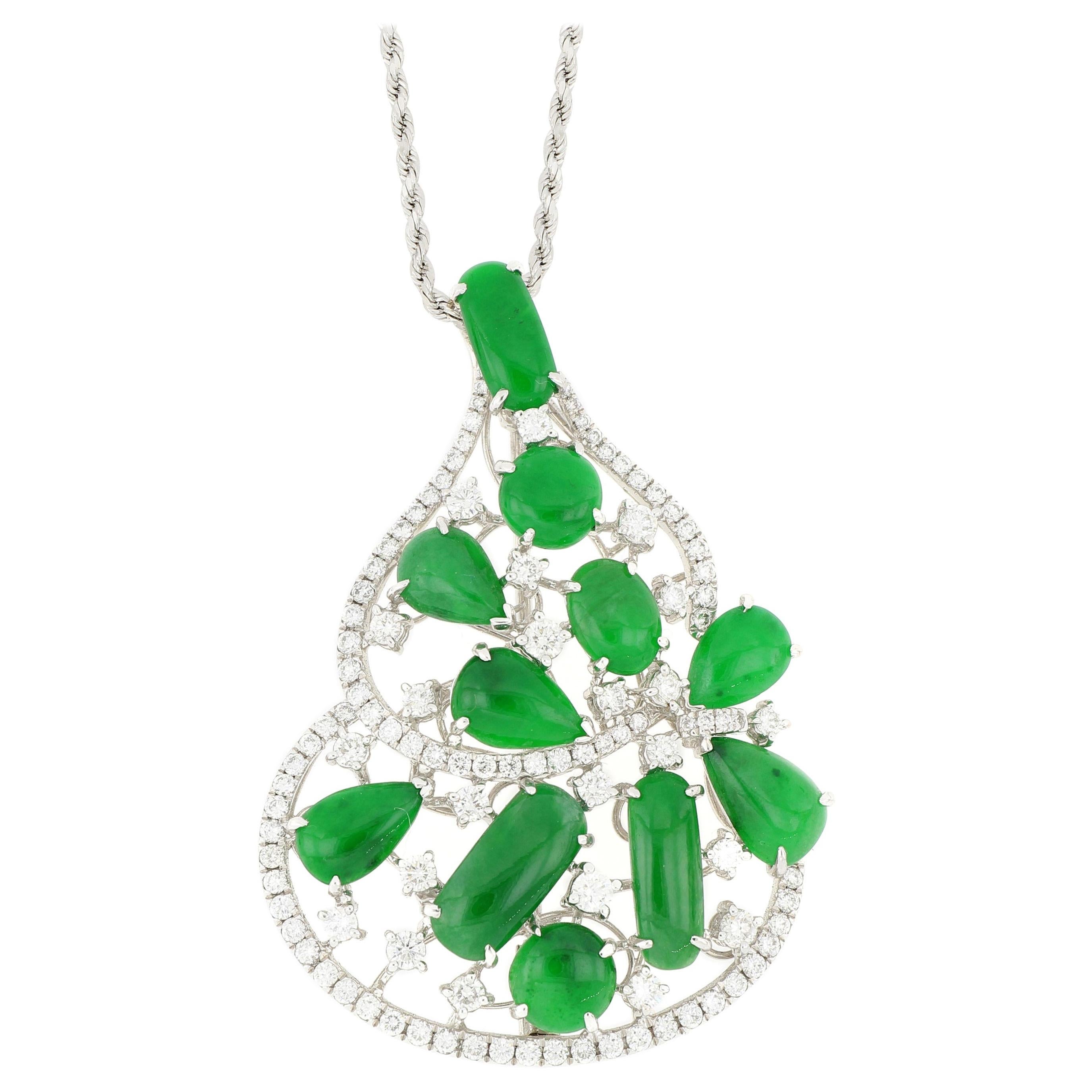 18 Karat White Gold Jadeite and Diamond Brooch and Pendant with Necklace For Sale