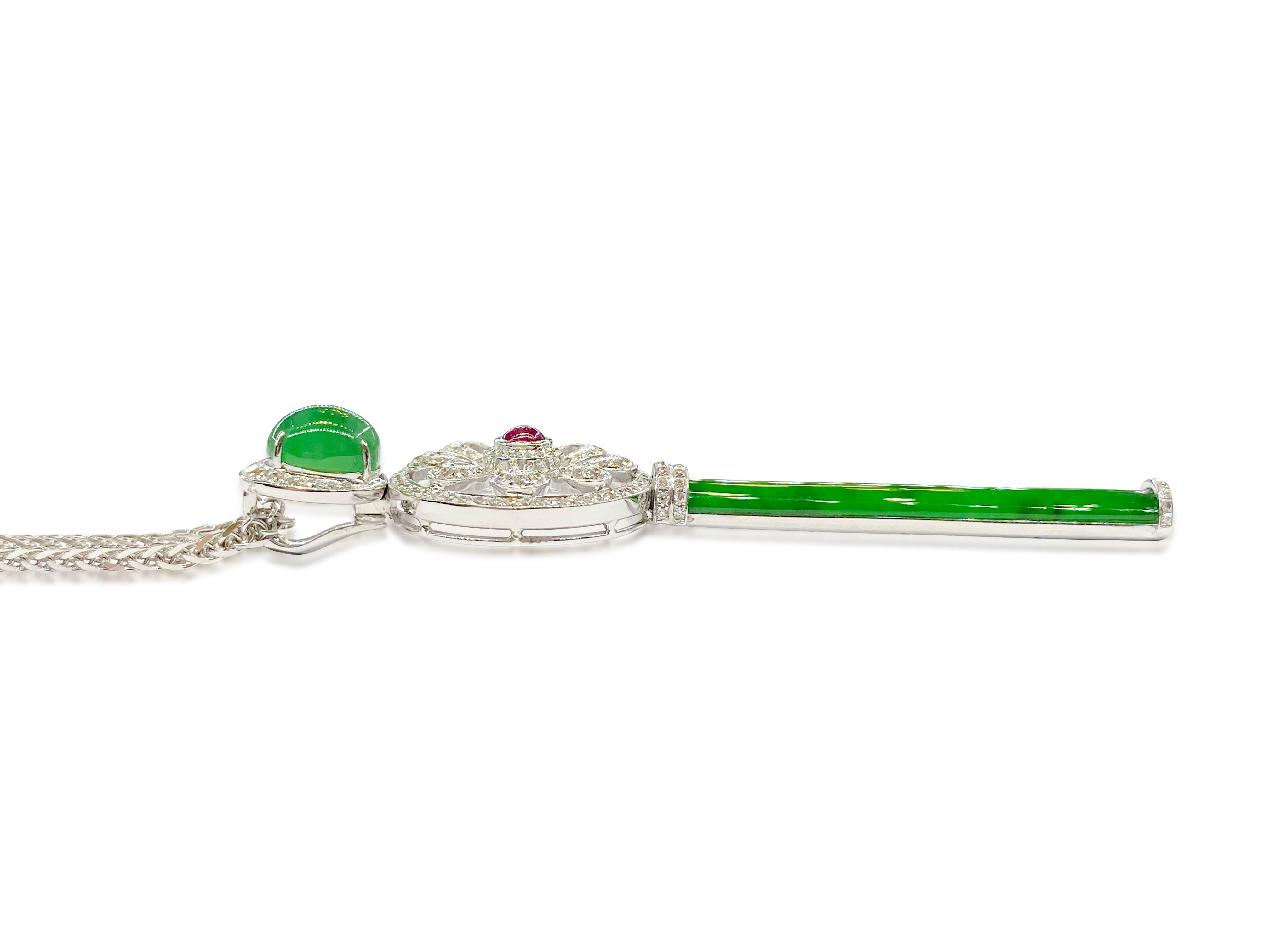 Contemporary 18 Karat White Gold Jadeite and Diamond Key Pendant with Necklace