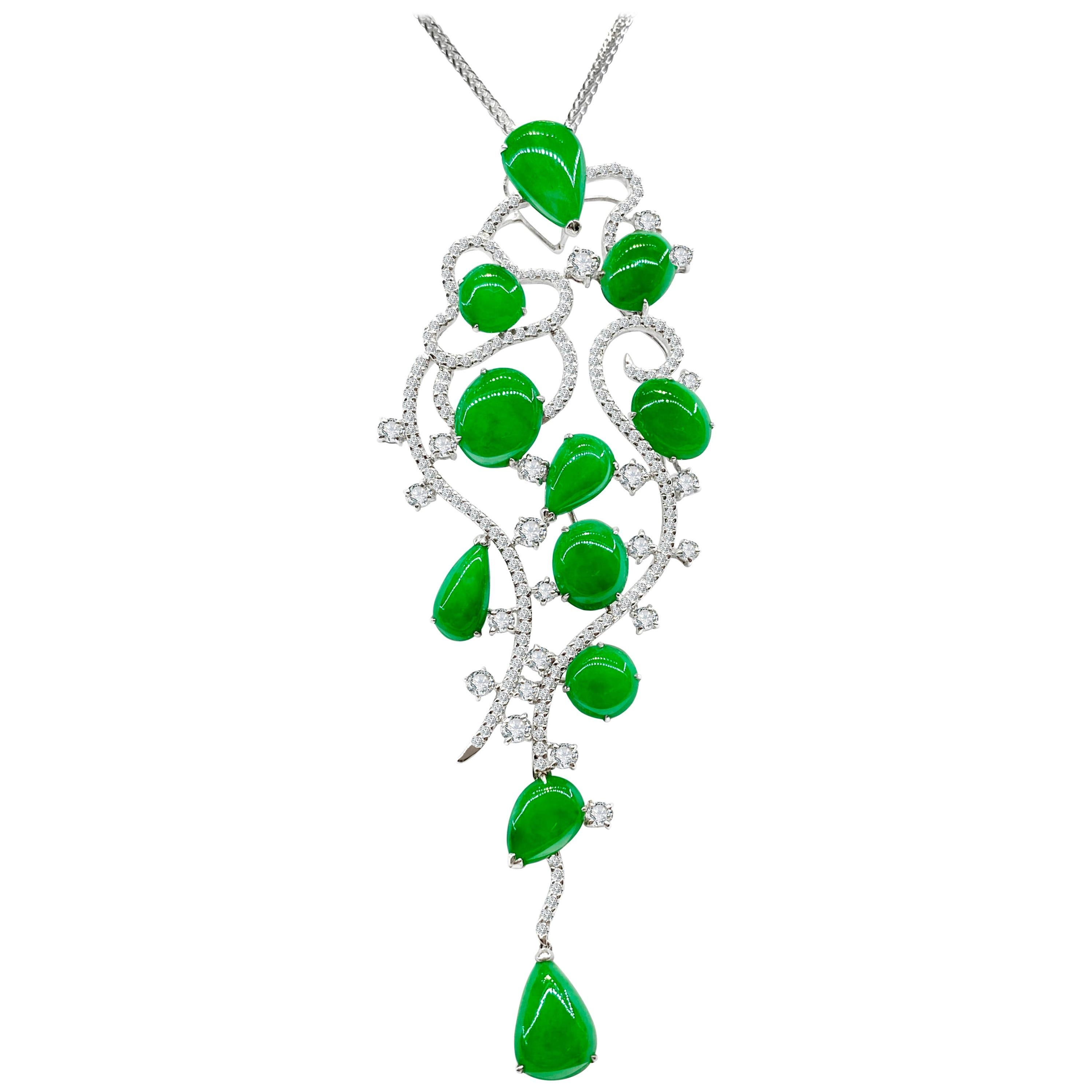 18 Karat White Gold Jadeite and Diamond Pendant with Necklace For Sale
