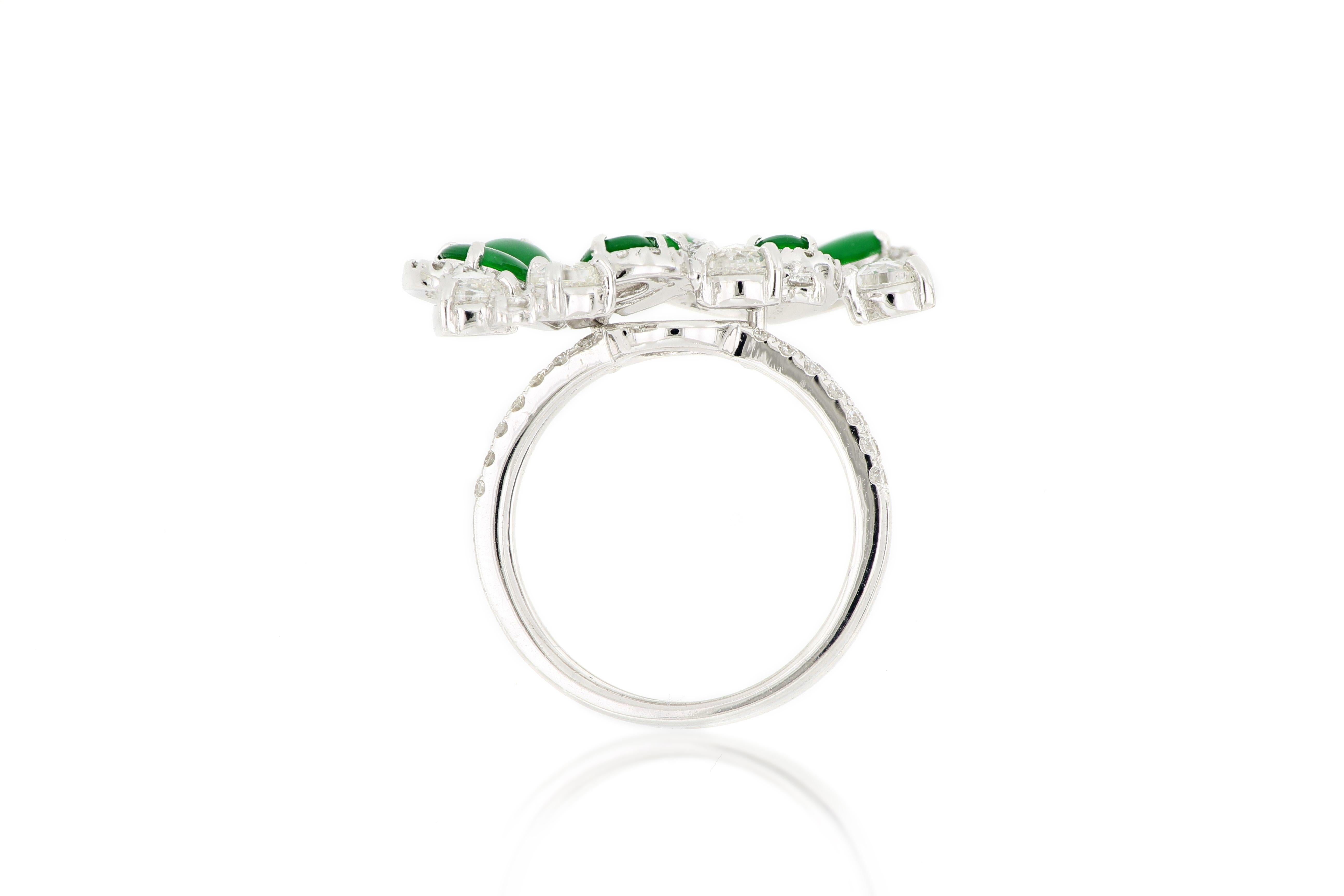Cabochon 18 Karat White Gold Vivid Bright Green Natural Jadeite Ring For Sale