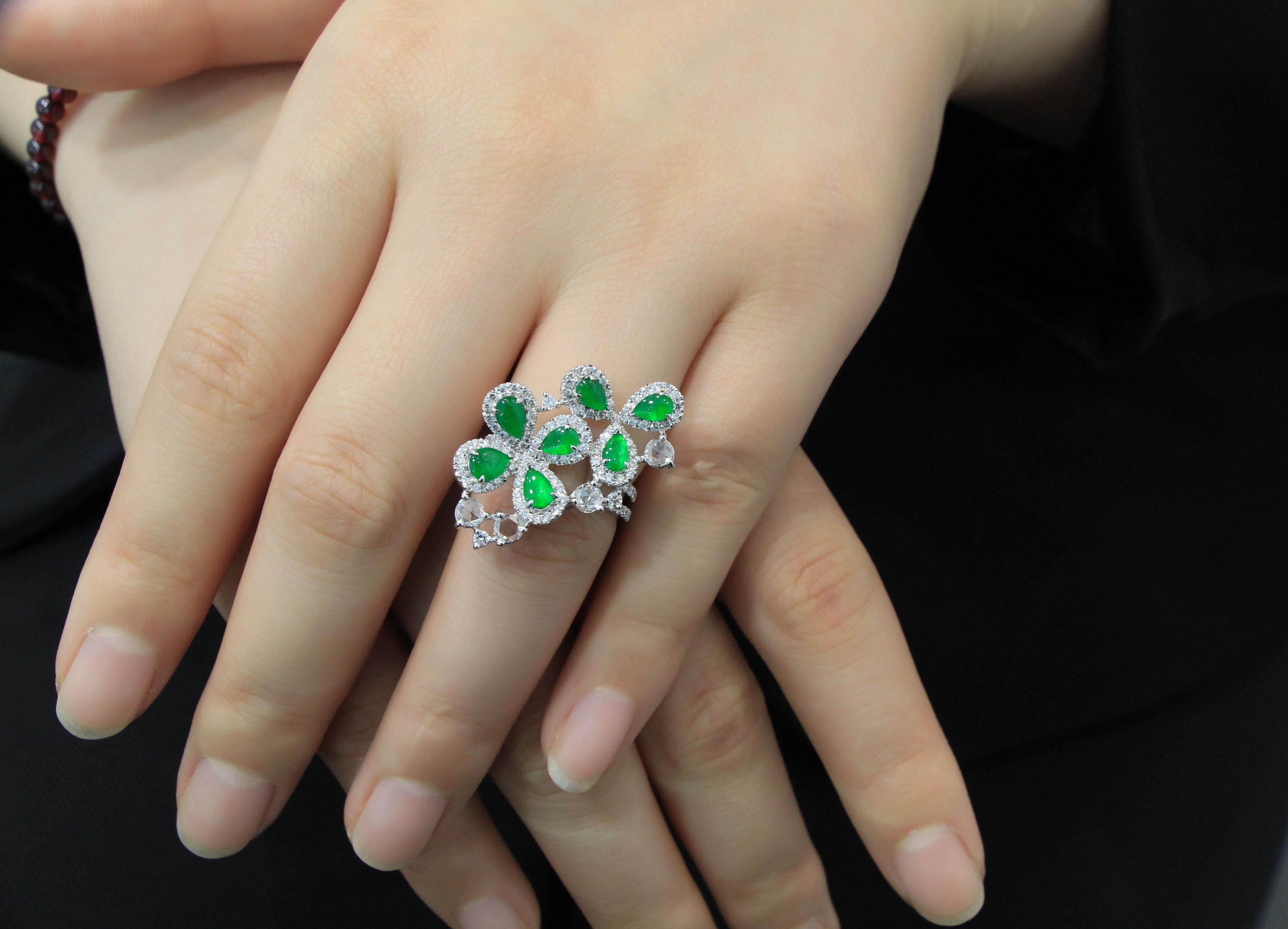 Women's 18 Karat White Gold Vivid Bright Green Natural Jadeite Ring For Sale