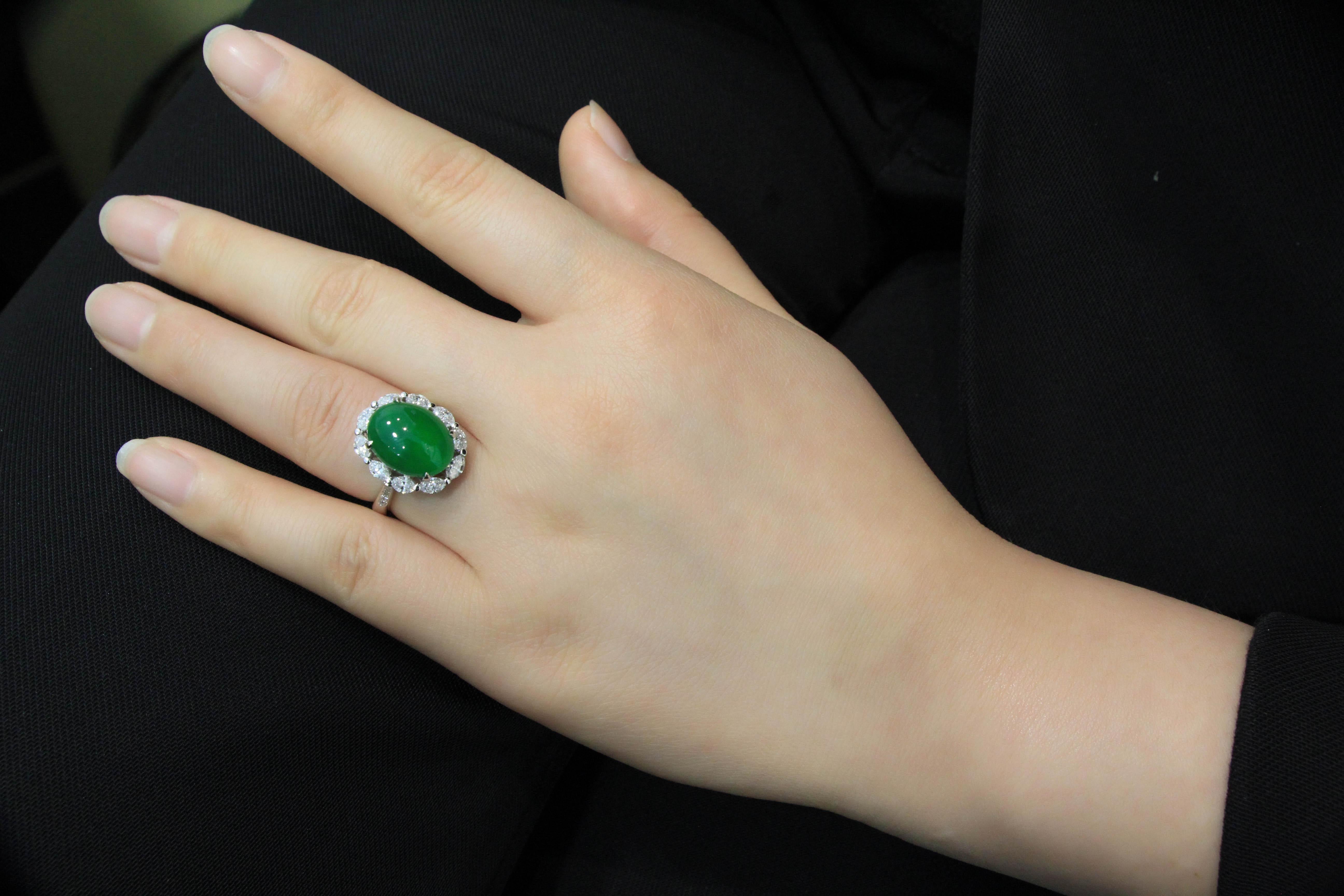 Women's 18 Karat White Gold Natural Imperial Green Jadeite Ring For Sale