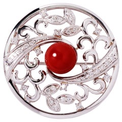 18 Karat White Gold Japanese Red Coral Brooch with Diamonds