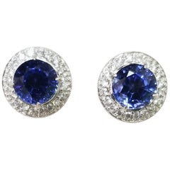 18 Karat White Gold Lab Created Blue Sapphire and Diamond Earrings