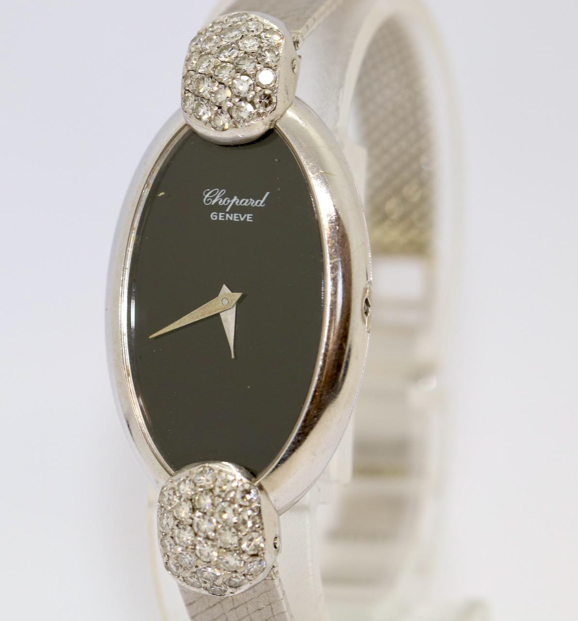 Round Cut 18 Karat White Gold Ladies Wrist Watch by Chopard, with Diamonds For Sale
