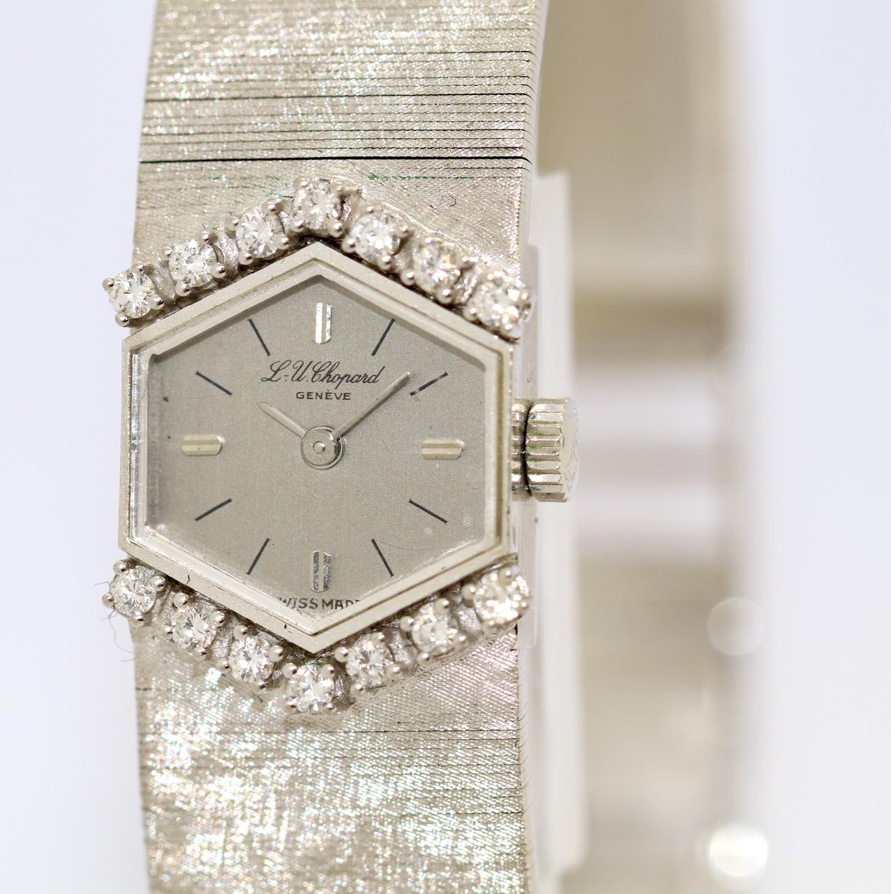 18 Karat White Gold Ladies Wrist Watch by Chopard, with Diamonds, Hexagonal Shape

Includes certificate of authenticity.