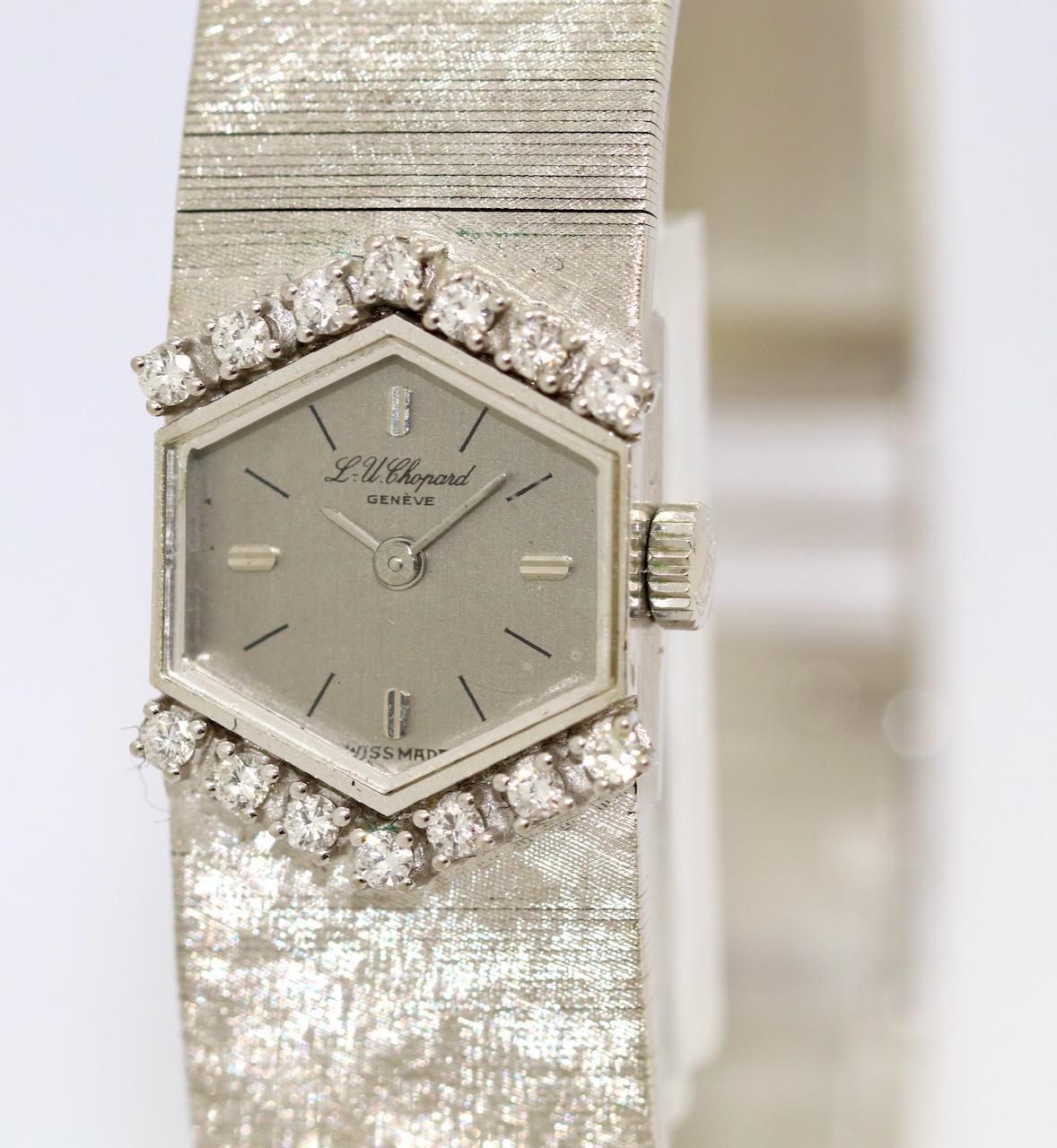 Round Cut 18 Karat White Gold Ladies Wrist Watch by Chopard, with Diamonds, Hexagonal For Sale
