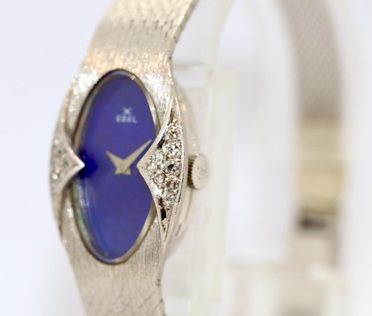Round Cut 18 Karat White Gold Ladies Wrist Watch by EBEL, with Diamonds and Lapis Dial For Sale