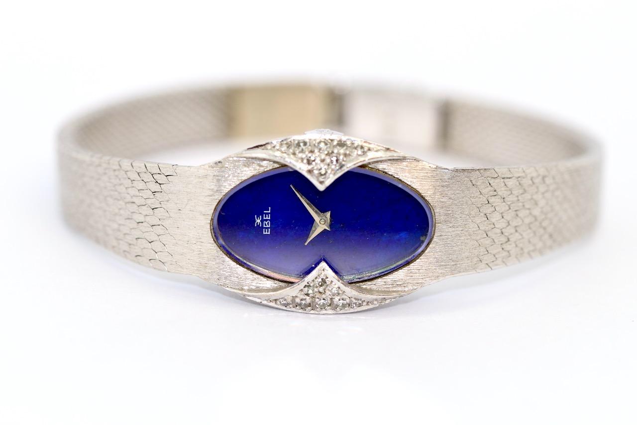 Women's 18 Karat White Gold Ladies Wrist Watch by EBEL, with Diamonds and Lapis Dial For Sale