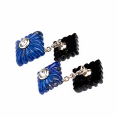 18 Karat White Gold Lapis and Onyx Diamond Cufflinks