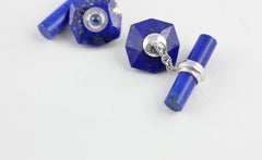 18 Karat White Gold Lapis Lazuli Mother of Pearl Blue Sapphires Bars Cufflinks