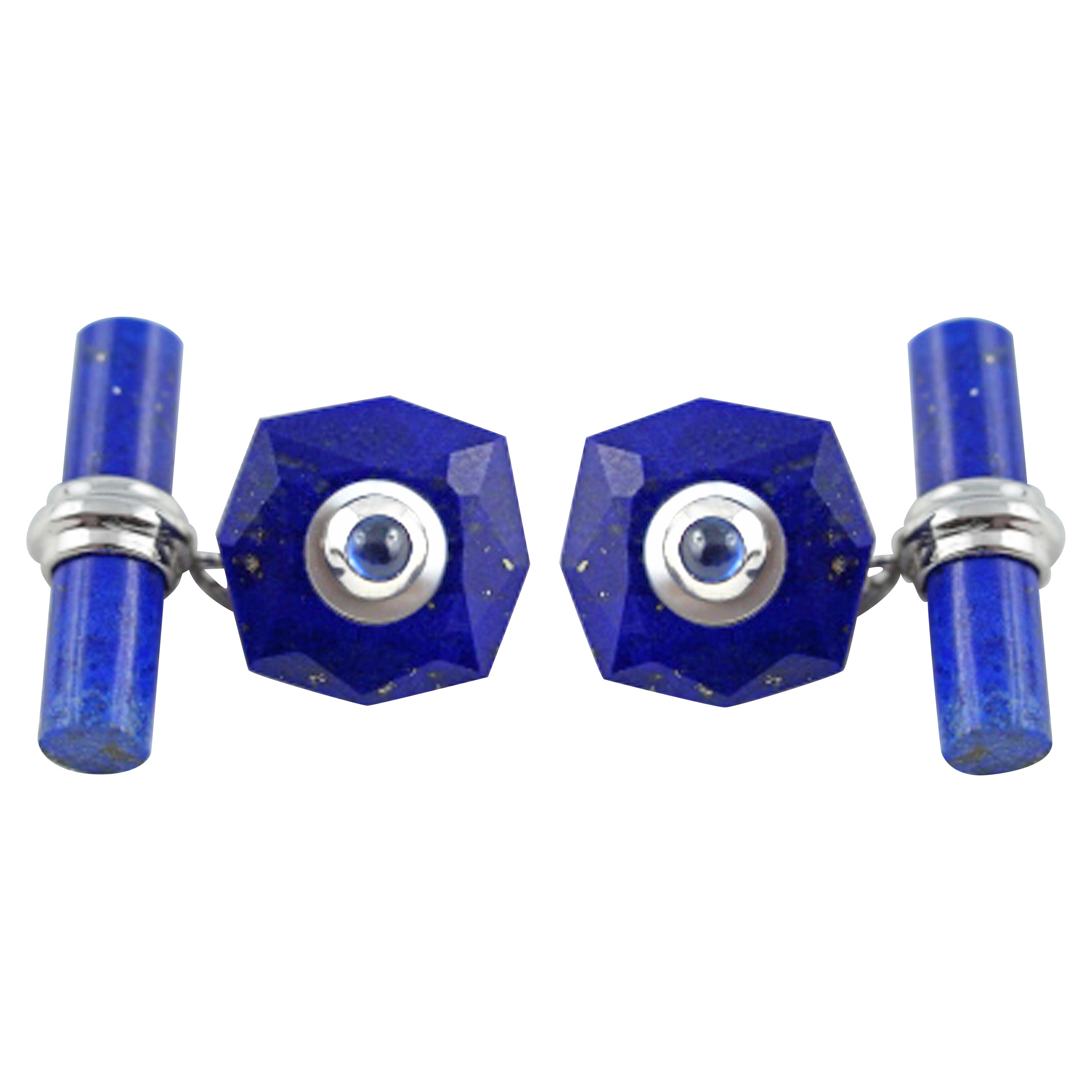 18 Karat White Gold Lapis Lazuli Mother of Pearl Blue Sapphires Bars Cufflinks