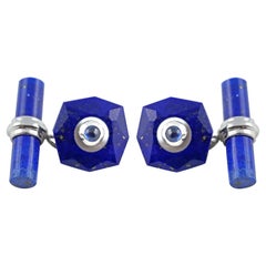 18 Karat White Gold Lapis Lazuli Mother of Pearl Blue Sapphires Bars Cufflinks