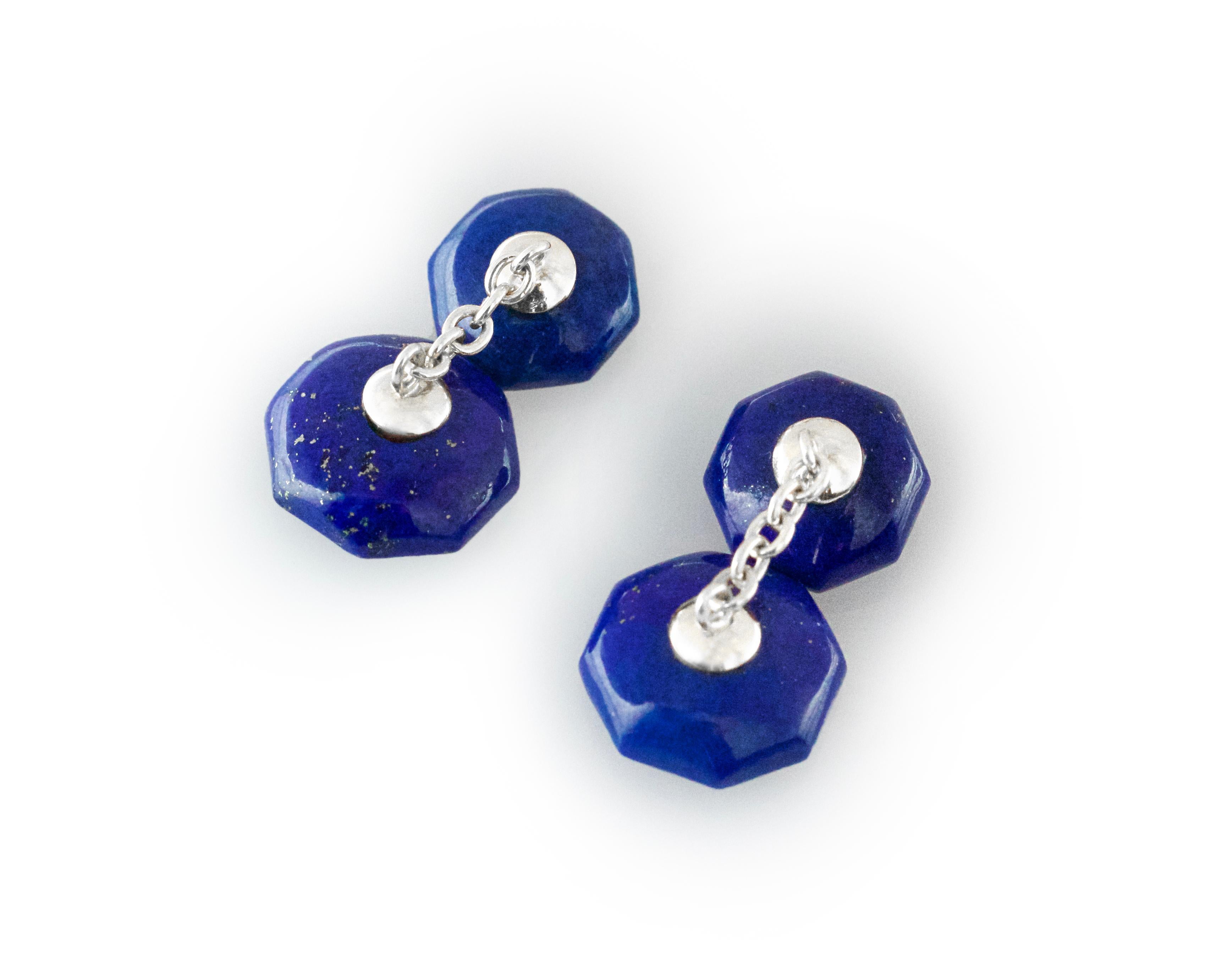 18 Karat White Gold Lapis Lazuli Rubies Carved Octagonal Cufflinks In New Condition For Sale In Milano, IT