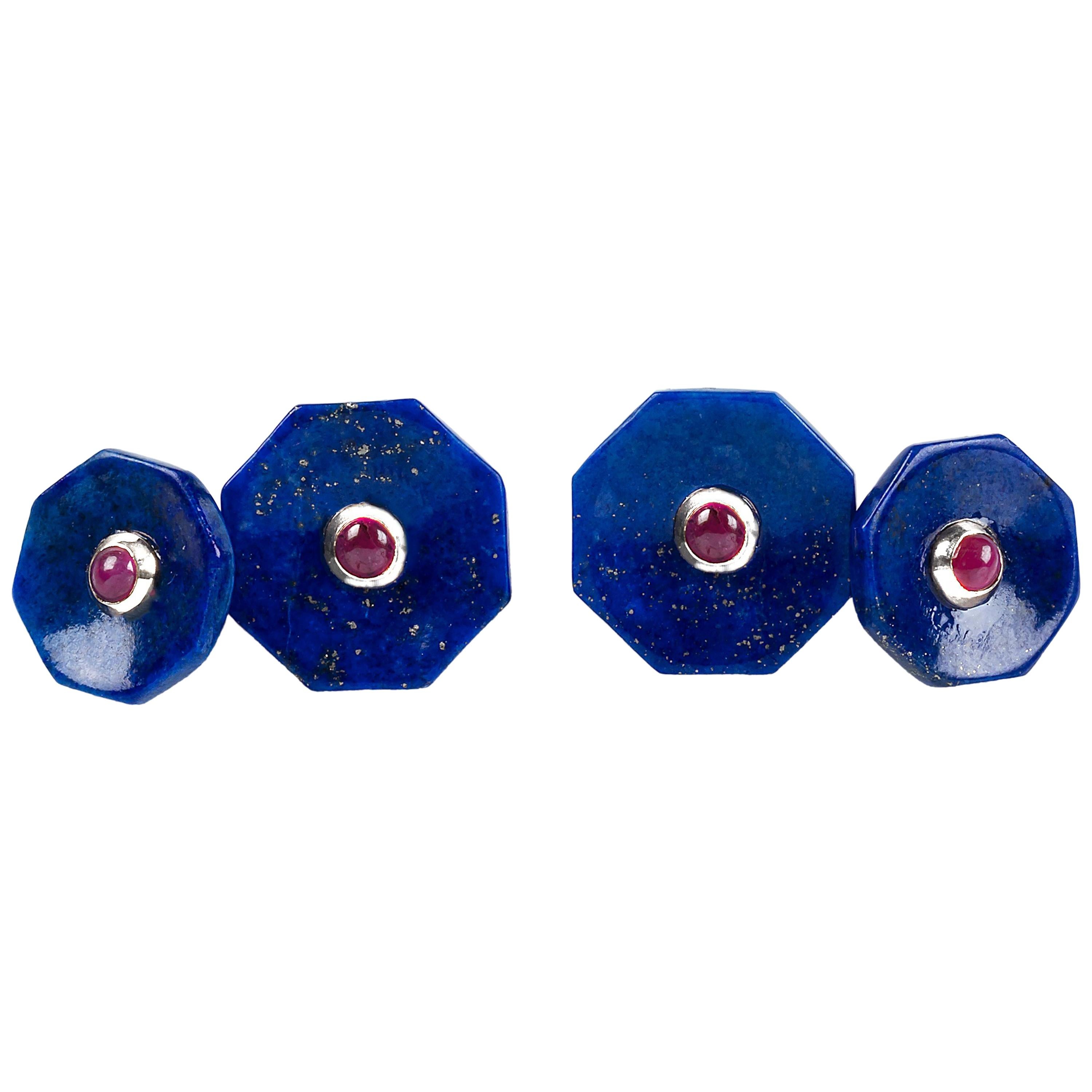 18 Karat White Gold Lapis Lazuli Rubies Carved Octagonal Cufflinks For Sale