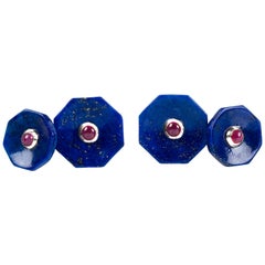 18 Karat White Gold Lapis Lazuli Rubies Carved Octagonal Cufflinks
