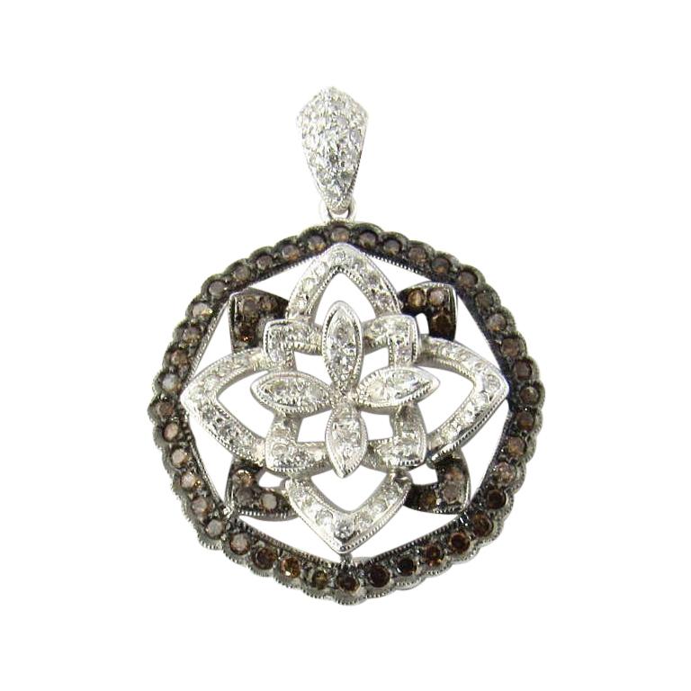 18 Karat White Gold Layered White and Brown Diamond Flower Pendant For Sale